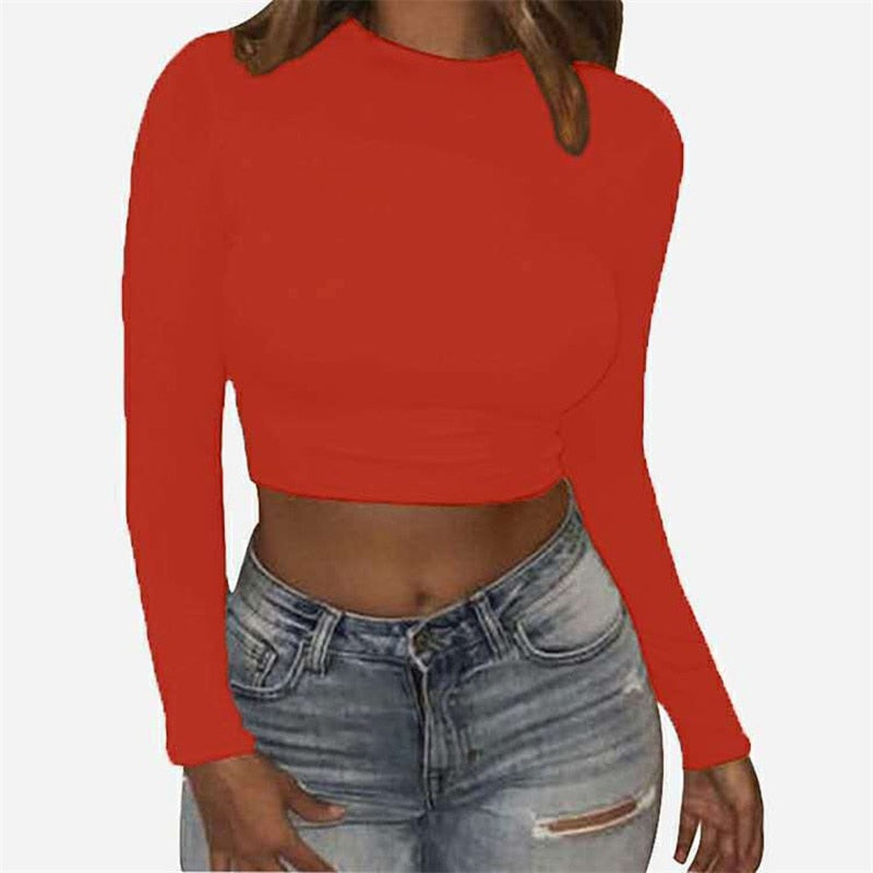 Women Sexy Bodycon T-shirts Autunmn Women Long Sleeve O-neck Crop Top Modis Sheath T-shirts Fashion Autumn Solid Tops