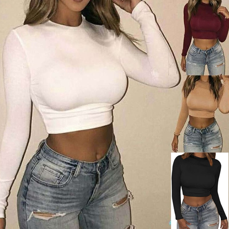 Women Sexy Bodycon T-shirts Autunmn Women Long Sleeve O-neck Crop Top Modis Sheath T-shirts Fashion Autumn Solid Tops