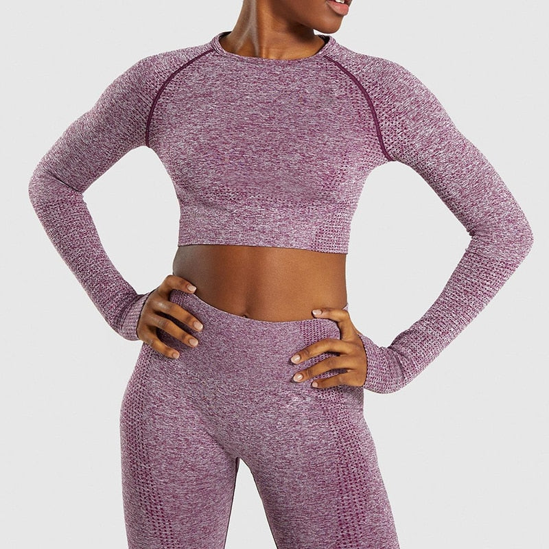 Women Vital Seamless Yoga Set Gym Clothing Fitness Leggings+Cropped Shirts Sport Suit Women Long Sleeve Tracksuit Active Wear