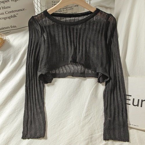 T-shirts Women Summer Long Sleeve Crop Tops Thin Breathable Hollow Out Korean Style O-neck Loose Sun-proof Chic All-match Tees