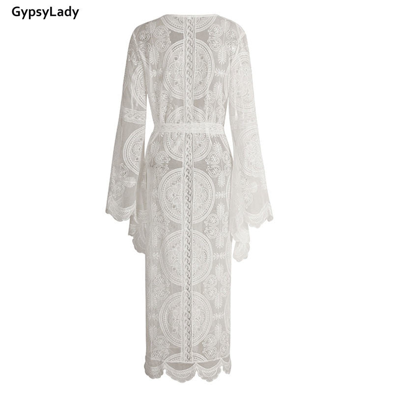 GypsyLady Summer Sunshine Embroidered Mesh Cover-Ups Longline Kimono White Tunic Beach Kaftan Holiday Long Boho Swimwears Tops