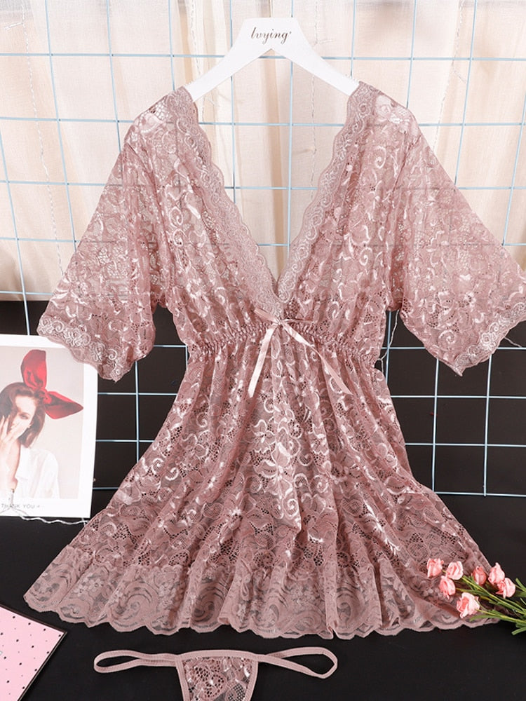 Sexy Lace Short Sleeve Nighties Women Nightdress Exotic Floral Embroidery Mesh Nightgowns Female Nightwear Mini Sleeping Dress