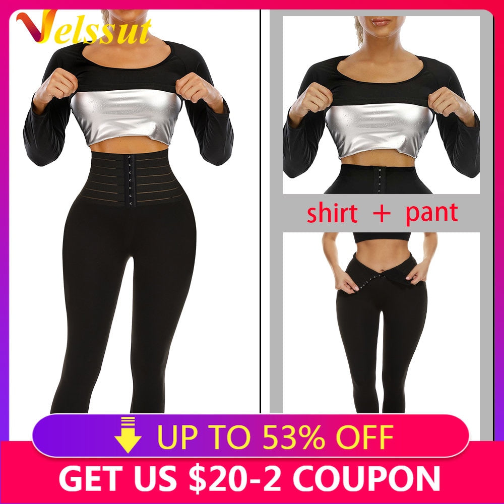 Velssut Sauna Suit for Woemen Weight Loss Top Long Sleeve Slimming Leggings with Waist Trainer Pant Sweat Set Body Shaper Sports