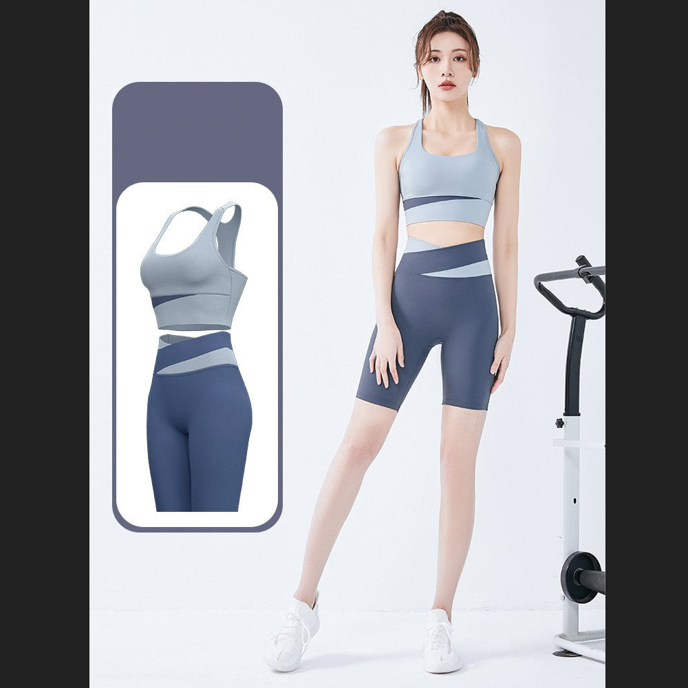 Two Piece Yoga Set Women Sportswear Suit Outfit Gym Leggings With Bra Pants Sports Bra Shorts For Fitness Clothing Workout Set