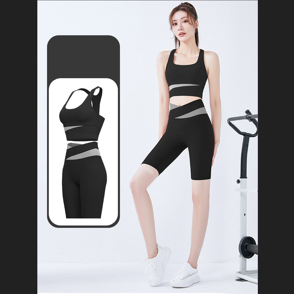 Two Piece Yoga Set Women Sportswear Suit Outfit Gym Leggings With Bra Pants Sports Bra Shorts For Fitness Clothing Workout Set