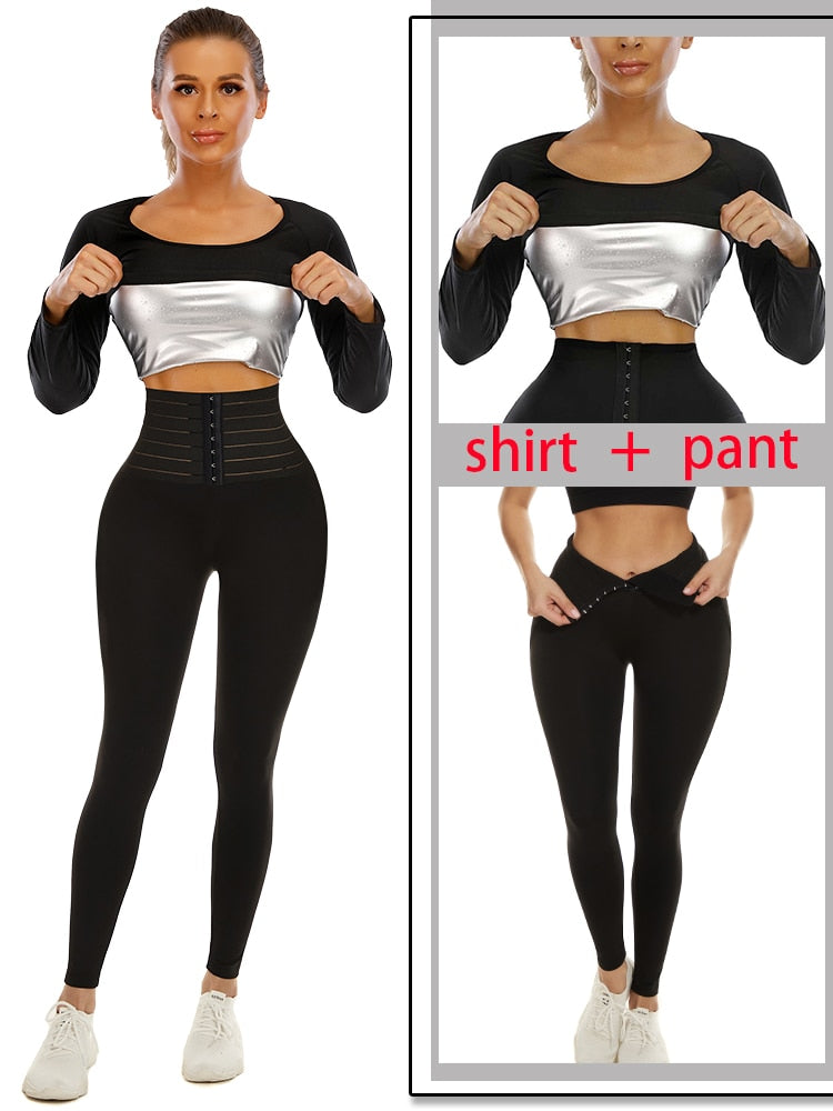 Velssut Sauna Suit for Woemen Weight Loss Top Long Sleeve Slimming Leggings with Waist Trainer Pant Sweat Set Body Shaper Sports