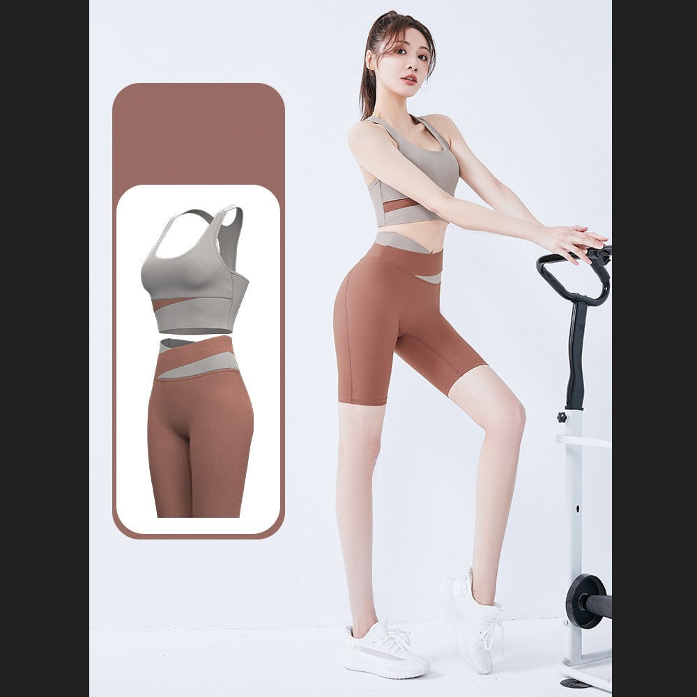 Two Piece Yoga Set Women Sportswear Suit Outfit Gym Leggings With Bra Pants Sports Bra Shorts For Fitness Clothing Workout Set