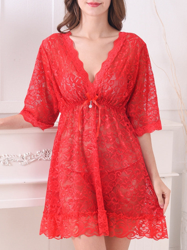 Sexy Lace Short Sleeve Nighties Women Nightdress Exotic Floral Embroidery Mesh Nightgowns Female Nightwear Mini Sleeping Dress