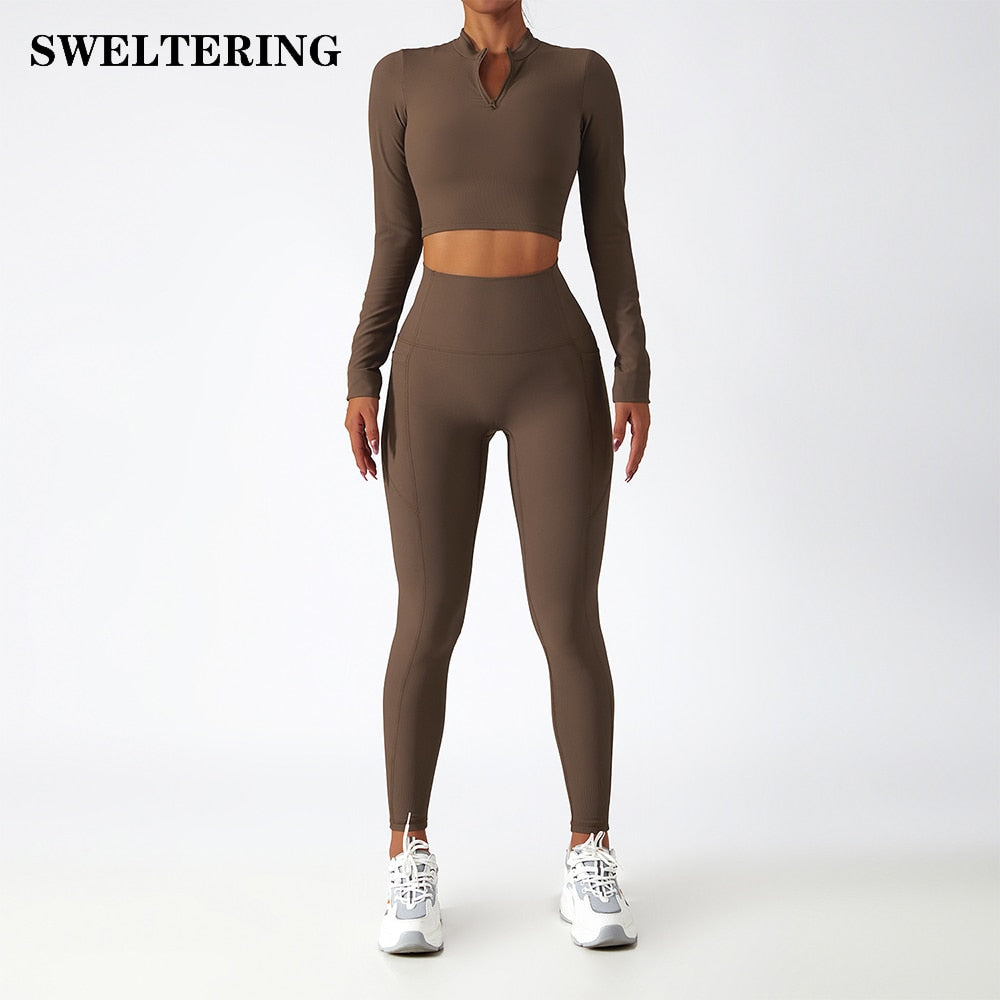 Yoga Set 2 Piece Women Sportswear Workout Clothes Women Sport Sets Suits For Fitness Long Sleeve Seamless Gym Push Up Leggings