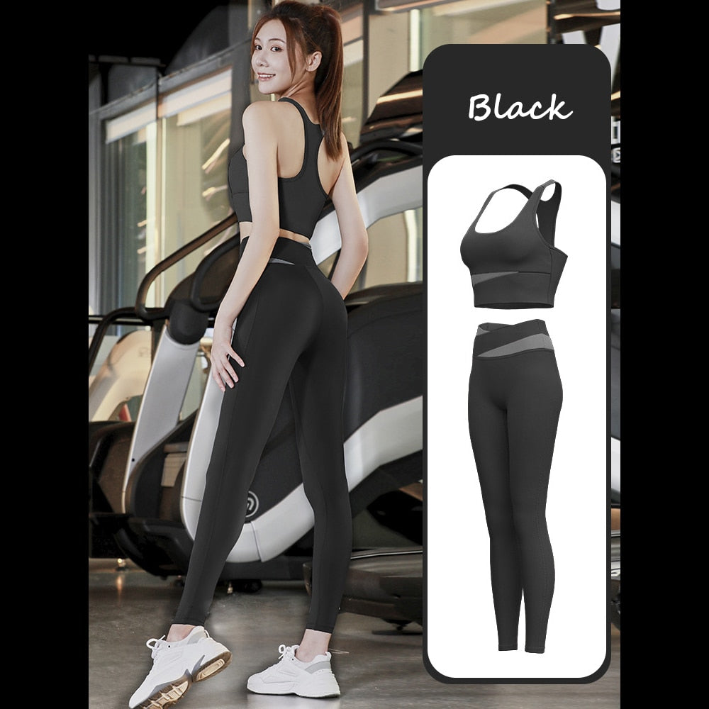 Two Piece Yoga Set Women Sportswear Suit Outfit Gym Leggings With Bra Pants Sports Bra Shorts For Fitness Clothing Workout Set