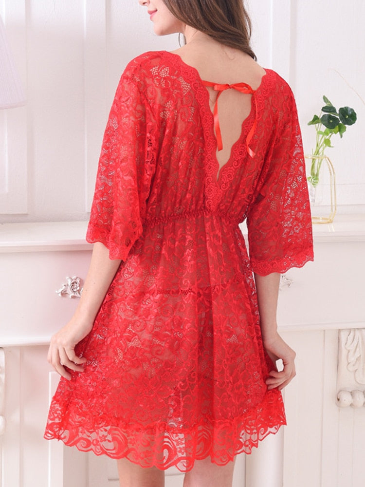 Sexy Lace Short Sleeve Nighties Women Nightdress Exotic Floral Embroidery Mesh Nightgowns Female Nightwear Mini Sleeping Dress