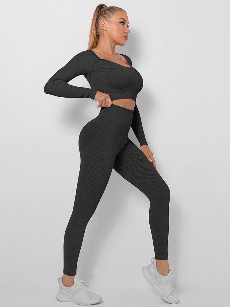 Yoga Sets Women Gym Clothes Seamless Workout Sportswear Yoga Pants Fitness Long Sleeve Crop Top High Waist Leggings Sports Suits